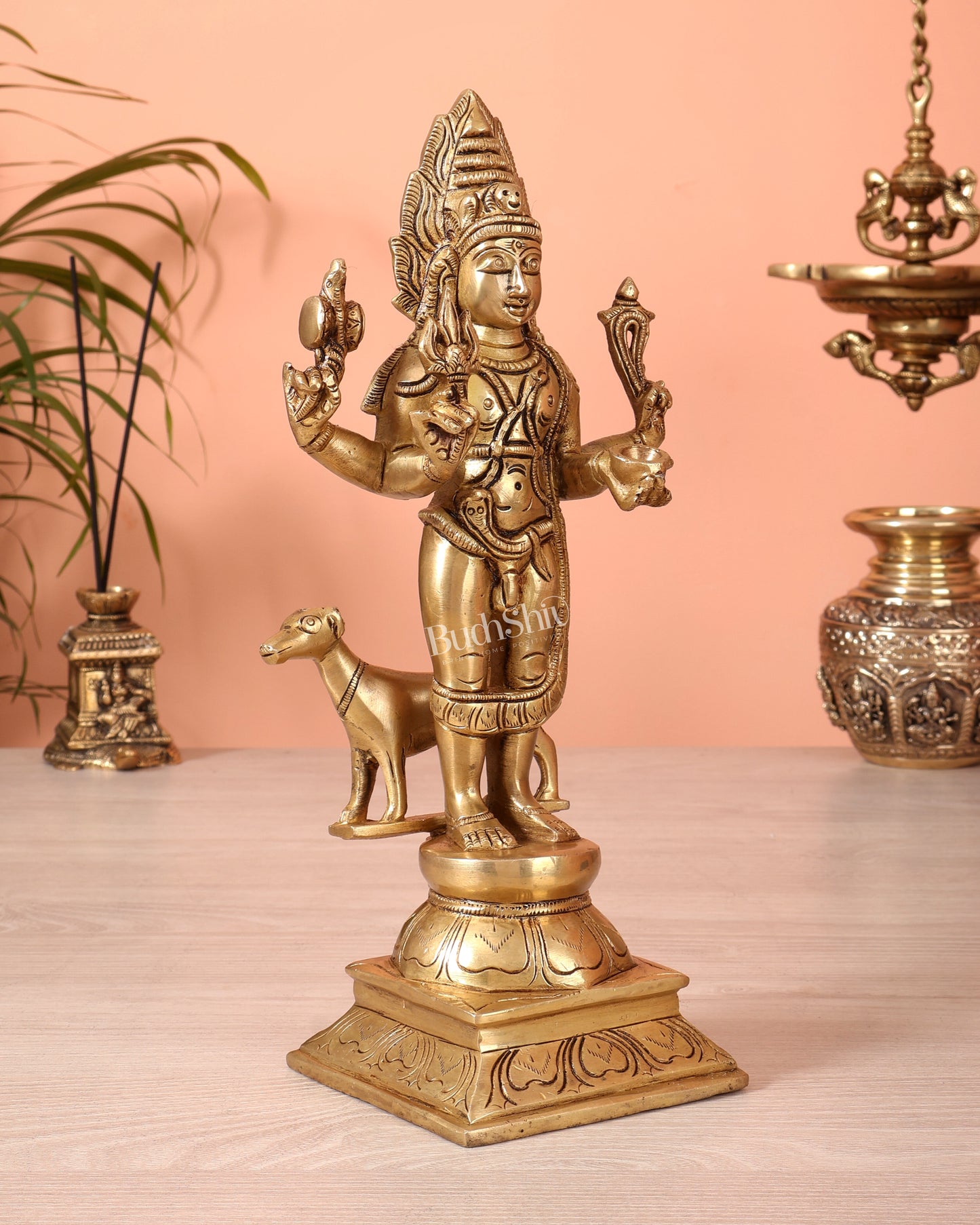 Superfine Brass Kaal Bhairava Bhairo Baba Idol with Dog 12 inch