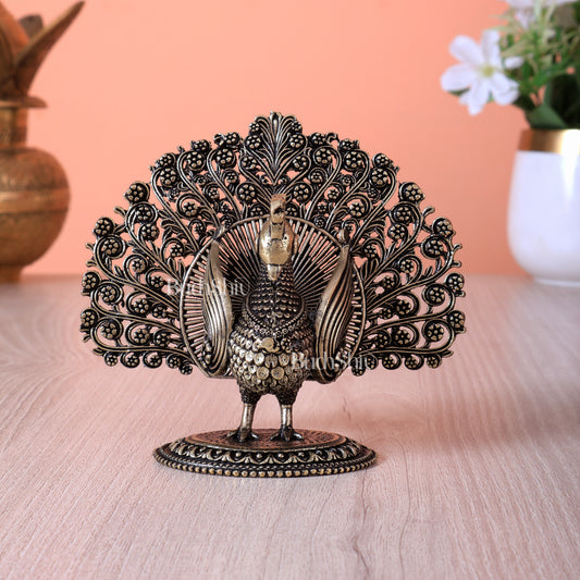 Brass Peacock Showpiece with Open Feathers (3.5 Inch, Intricate Design)