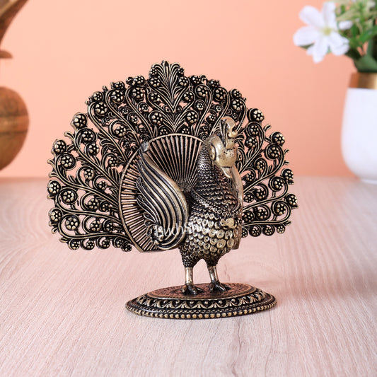 Brass Peacock Showpiece with Open Feathers (3.5 Inch, Intricate Design)