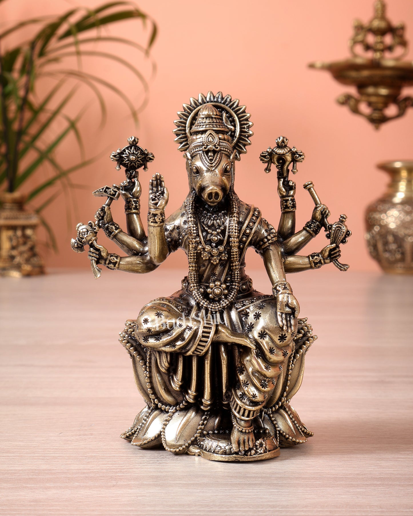 Brass Superfine Varahi Amman on Lotus Idol (5 Inch, Hollow Casting)