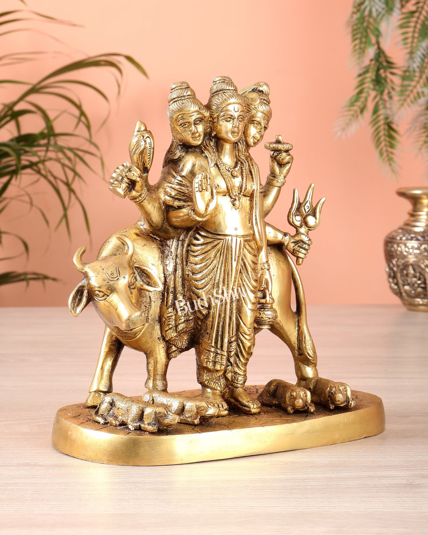 Brass Dattatreya guru with a cow and four dogs 8 inch