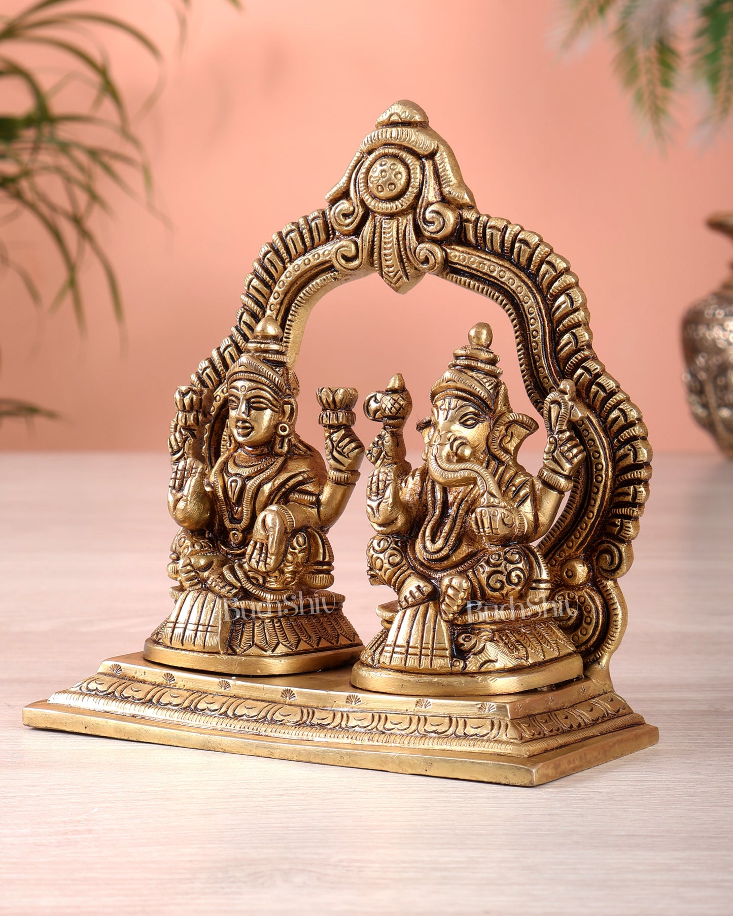 Pure Brass Ganesha Lakshmi Seated Together Idol - 5.5"