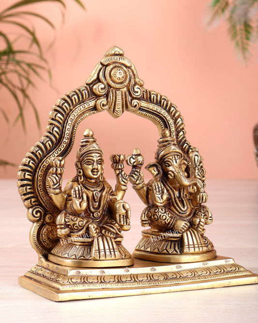 Pure Brass Ganesha Lakshmi Seated Together Idol - 5.5"