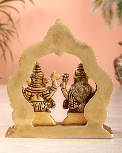 Pure Brass Ganesha Lakshmi Seated Together Idol - 5.5"