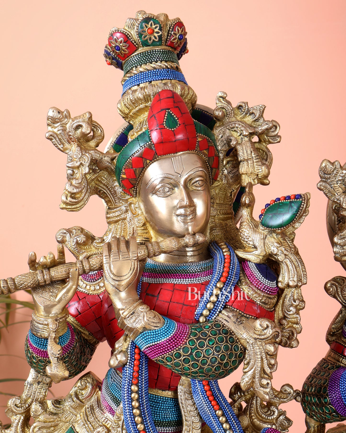 Brass Radha Krishna Idols - 27" Multicolour stonework