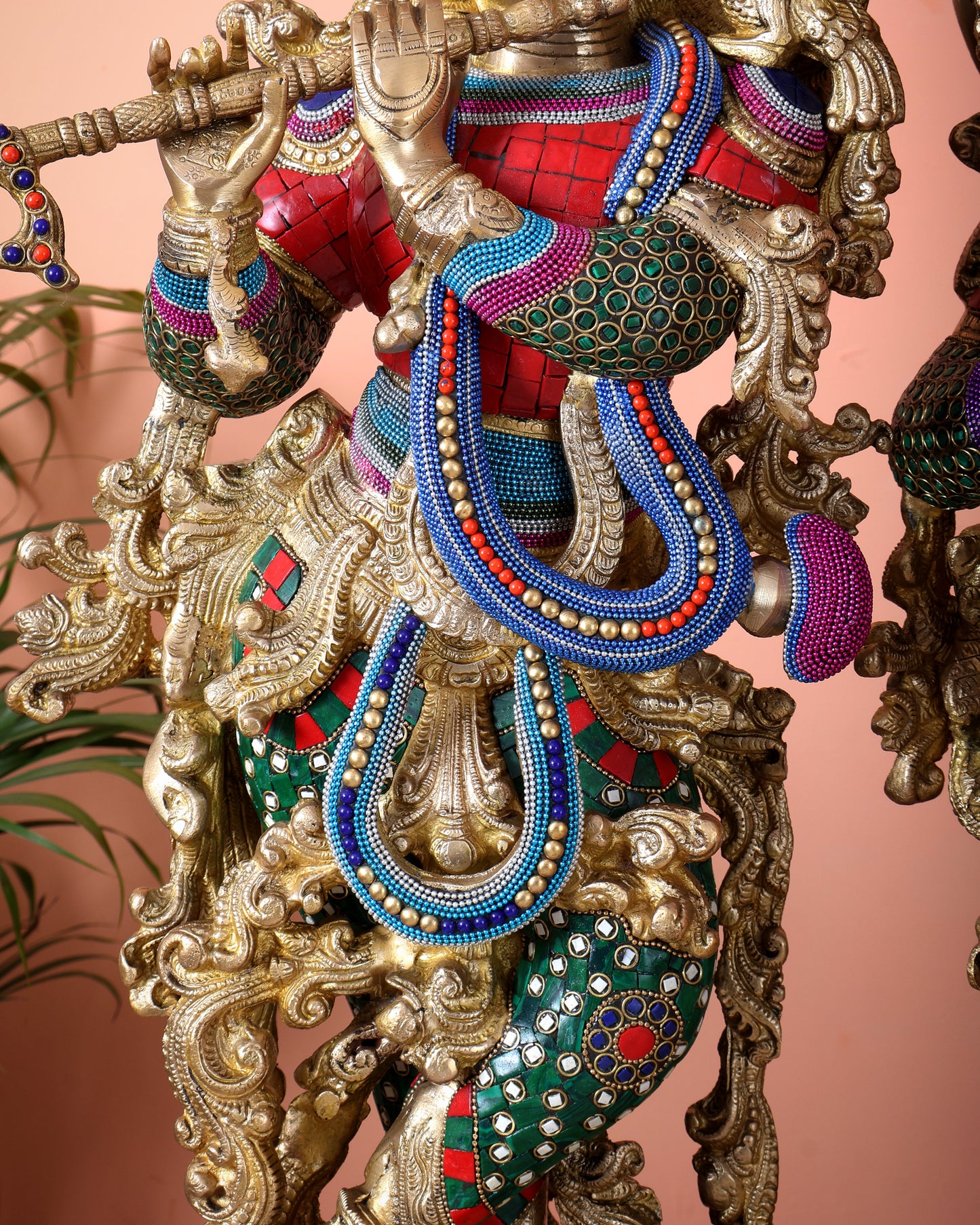 Brass Radha Krishna Idols - 27" Multicolour stonework