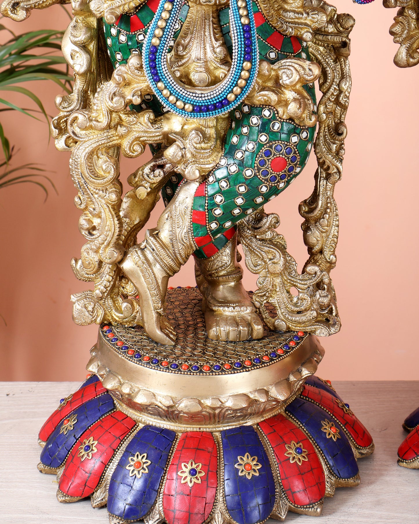 Brass Radha Krishna Idols - 27" Multicolour stonework