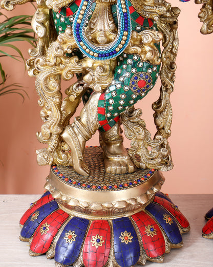 Brass Radha Krishna Idols - 27" Multicolour stonework