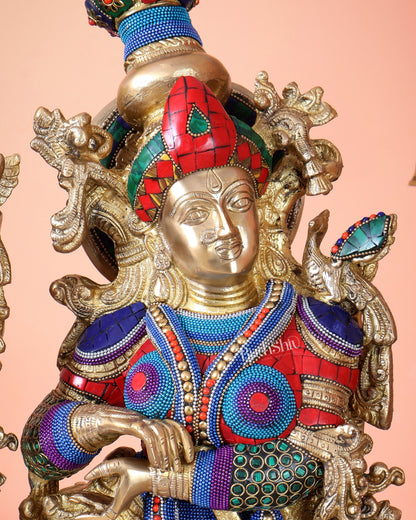Brass Radha Krishna Idols - 27" Multicolour stonework