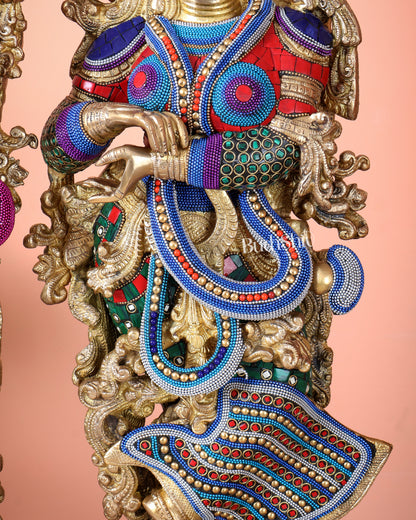 Brass Radha Krishna Idols - 27" Multicolour stonework