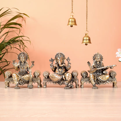 Brass Superfine Ganesha, lakshmi, Saraswati on thrones idols 4 and 5.5 inch