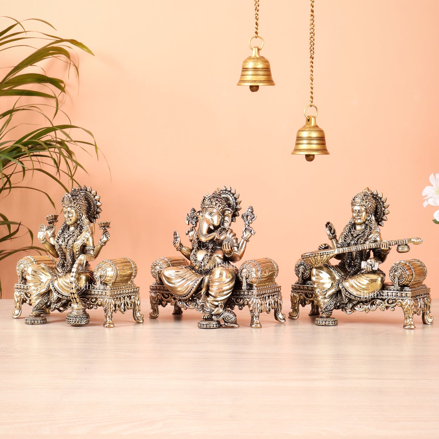 Brass Superfine Ganesha, lakshmi, Saraswati on thrones idols 4 and 5.5 inch