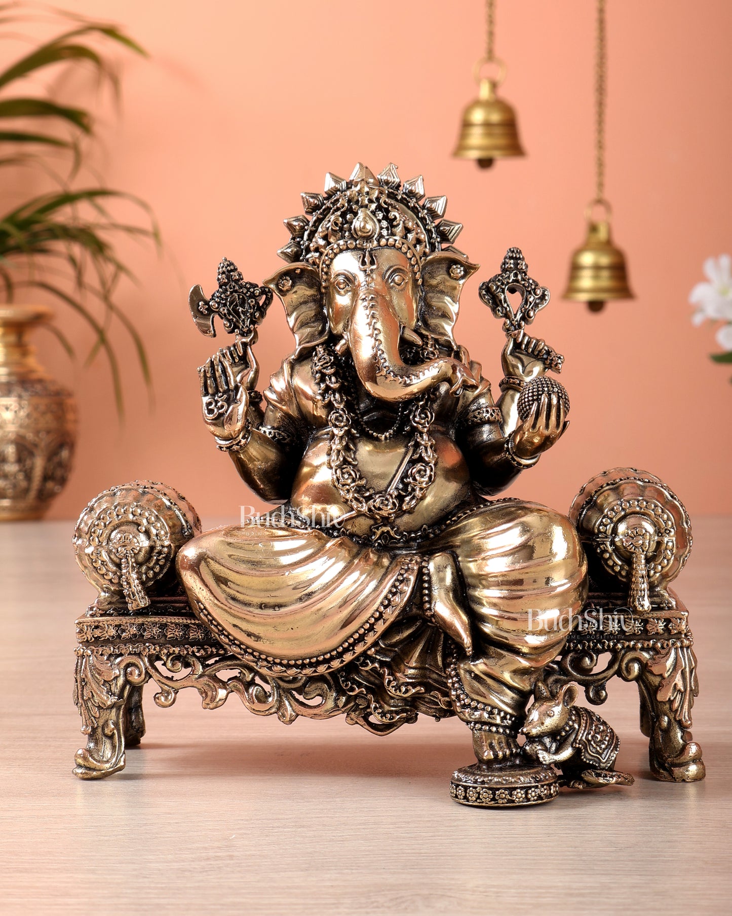 Brass Superfine Ganesha, lakshmi on thrones idols 4 and 5.5 inch