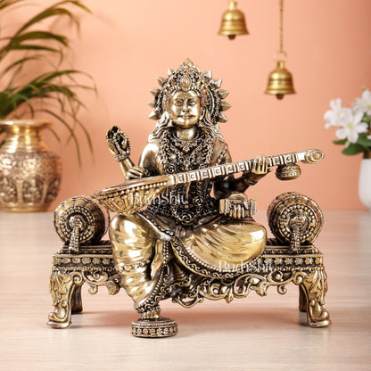 Brass Superfine saraswati on throne idol 4 and 5.5 inch