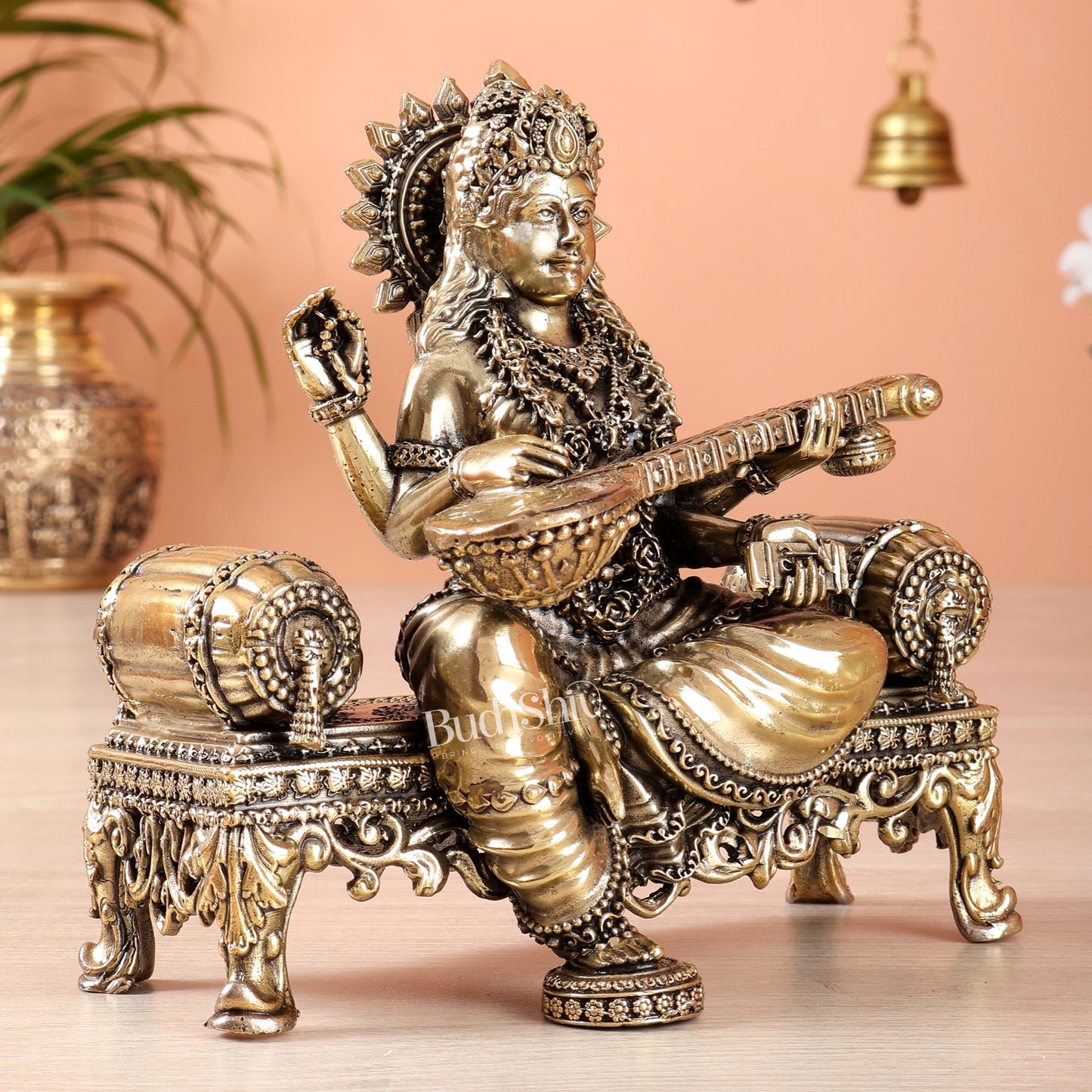 Brass Superfine saraswati on throne idol 4 and 5.5 inch