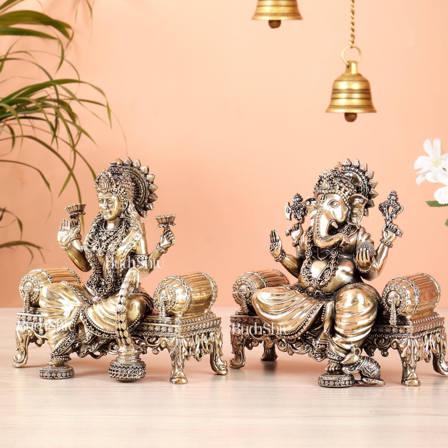 Brass Superfine Ganesha, lakshmi on thrones idols 4 and 5.5 inch