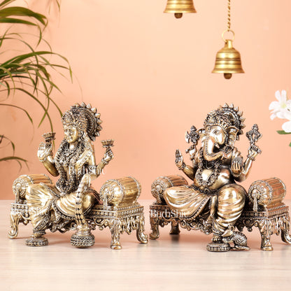 Brass Superfine Ganesha, lakshmi on thrones idols 4 and 5.5 inch