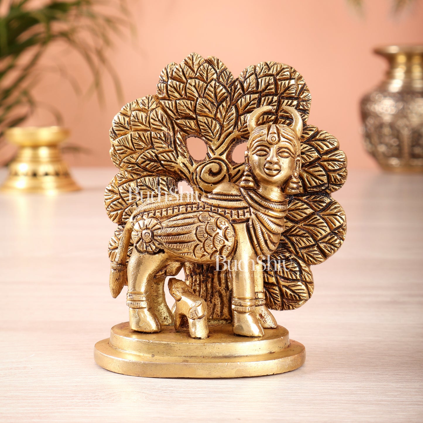 Brass Superfine Kamdhenu Cow with Wings & Kalpavriksha Idol 4.5"