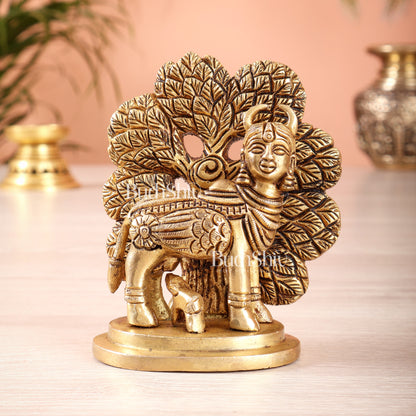 Brass Superfine Kamdhenu Cow with Wings & Kalpavriksha Idol 4.5"