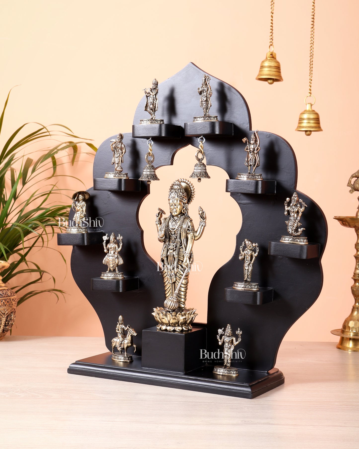 Brass Superfine Vishnu Dashavatar Idol Set with Lord Vishnu on MDF Frame (17 Inch)