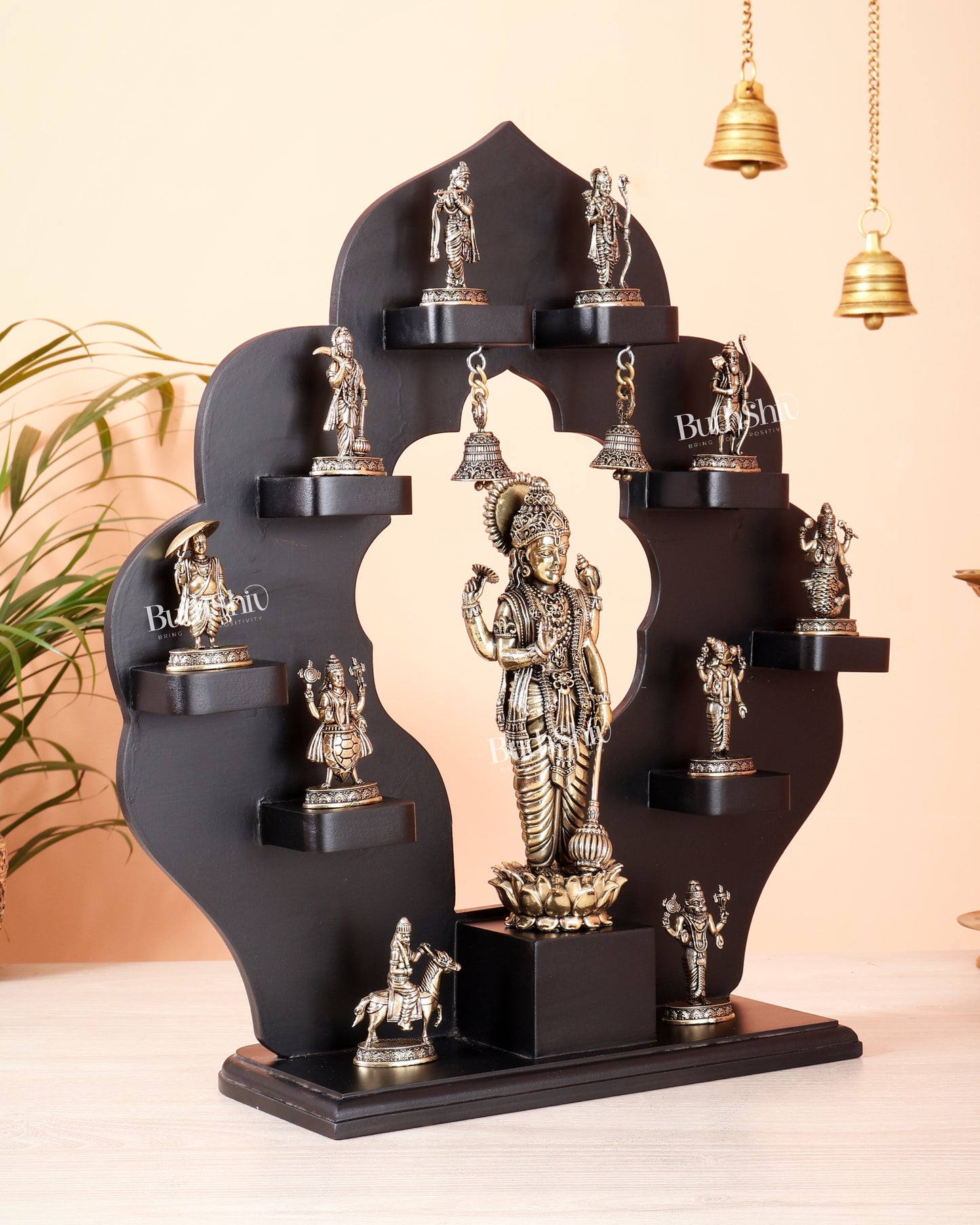 Brass Superfine Vishnu Dashavatar Idol Set with Lord Vishnu on MDF Frame (17 Inch)