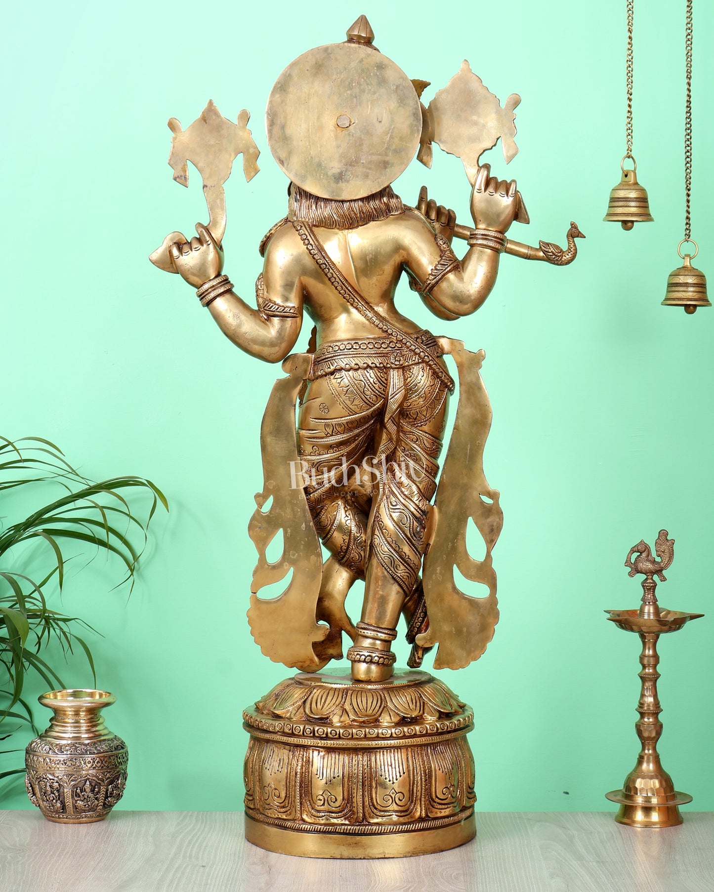 Superfine Brass Krishna Sculpture holding shankh and chakra  - 32.5 Inch
