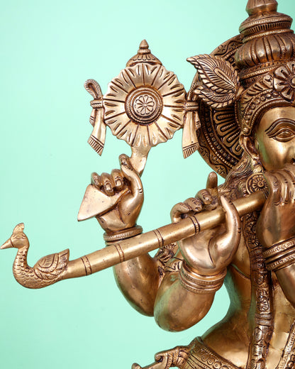 Superfine Brass Krishna Sculpture holding shankh and chakra  - 32.5 Inch