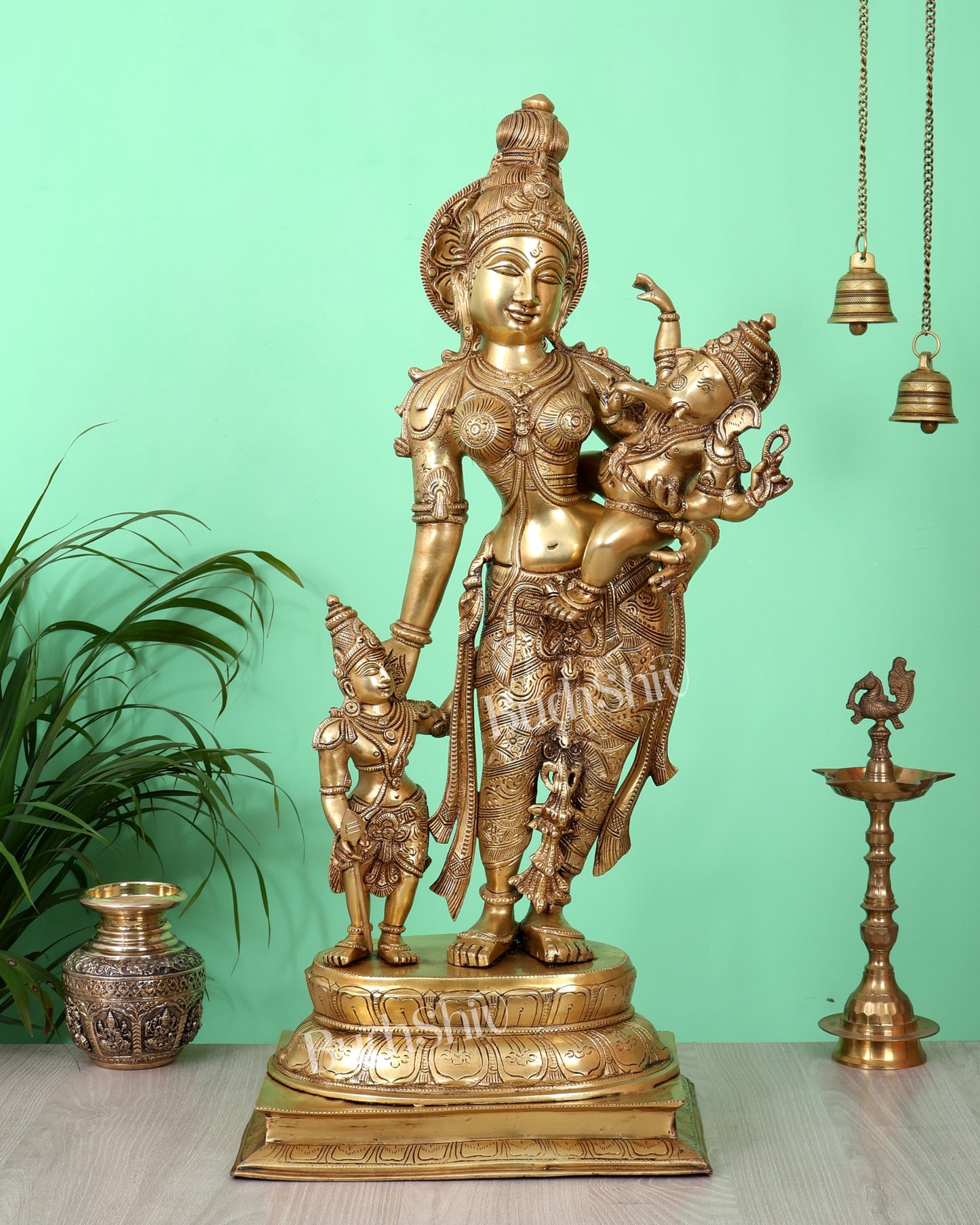 Brass Superfine Goddess Parvati with Ganesha & Kartikeya Statue (27.5 Inch, 24.55 Kg)