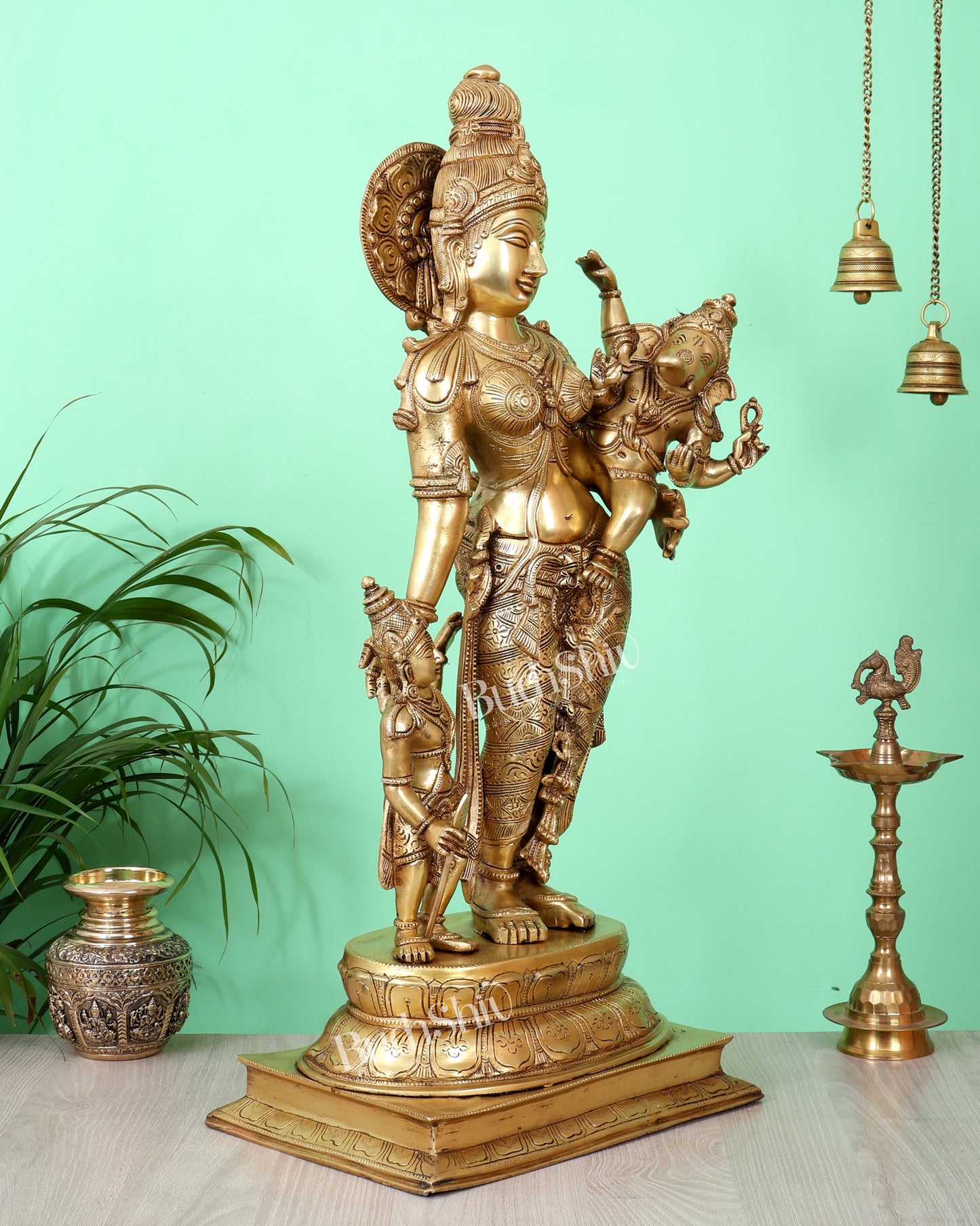 Brass Superfine Goddess Parvati with Ganesha & Kartikeya Statue (27.5 Inch, 24.55 Kg)