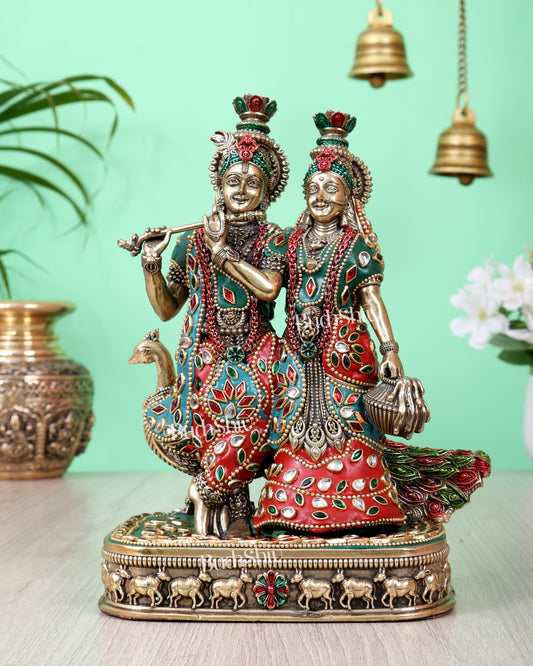 Brass Superfine Radha Krishna with Peacock Idol 8 inch meenakari