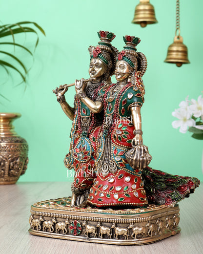 Brass Superfine Radha Krishna with Peacock Idol 8 inch meenakari