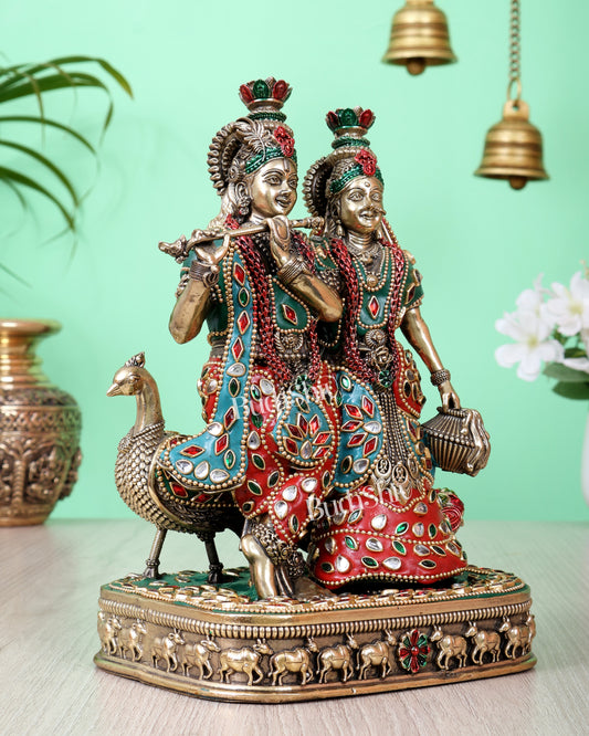 Brass Superfine Radha Krishna with Peacock Idol 8 inch meenakari