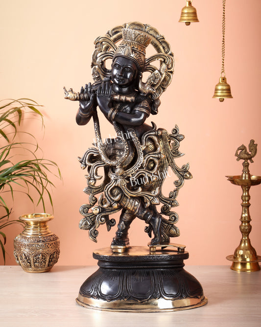 Pure Brass Black Krishna Statue – 22 inch Unique Stance & Divine Presence