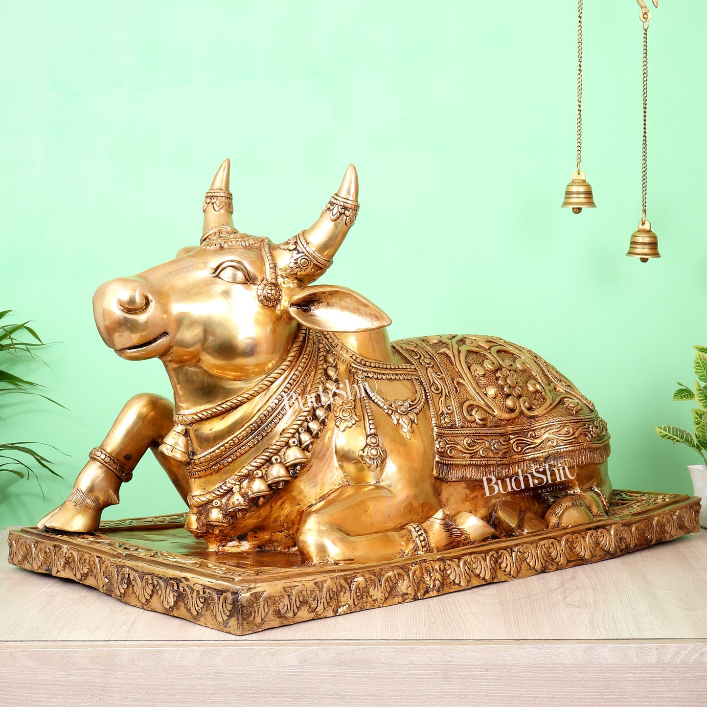 Brass Large Nandi Statue with Intricate Carvings (36X24 Inch, 73 Kg)