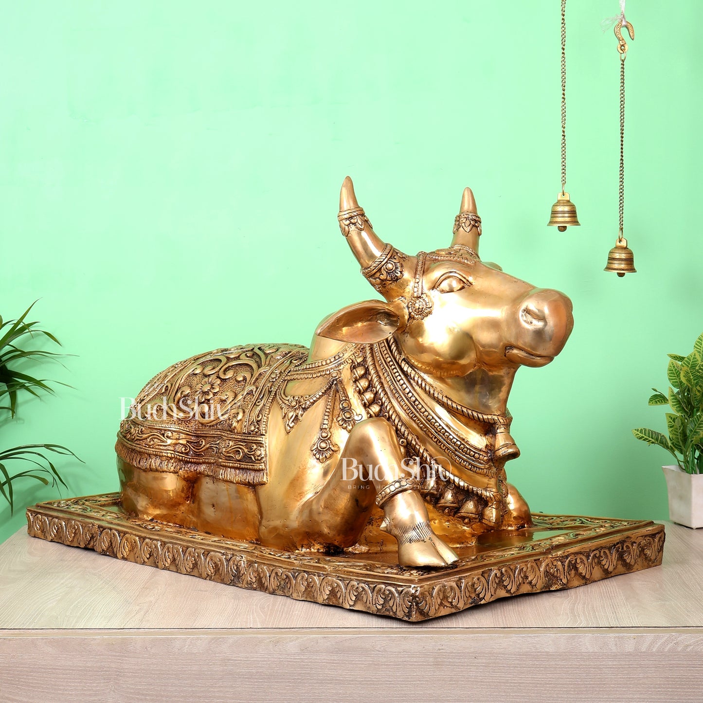 Brass Large Nandi Statue with Intricate Carvings (36X24 Inch, 73 Kg)