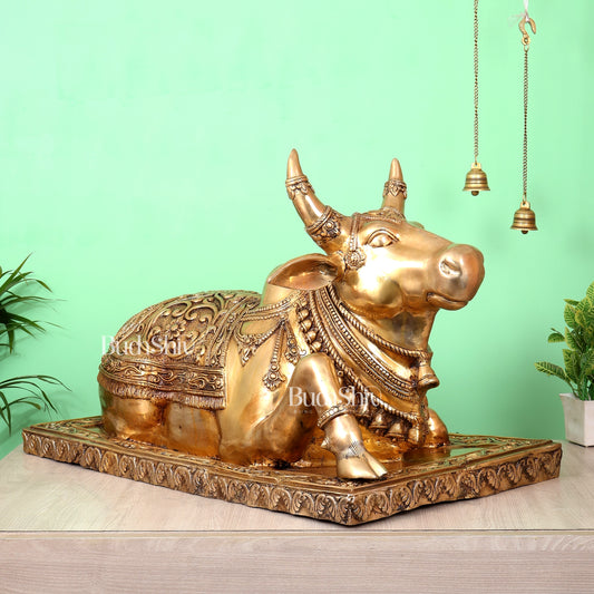 Brass Large Nandi Statue with Intricate Carvings (36X24 Inch, 73 Kg)