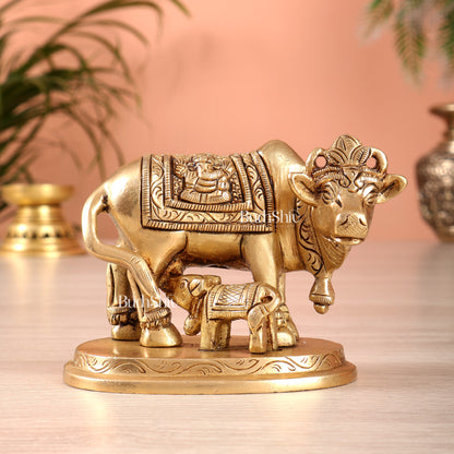 Brass kamdhenu Cow with Calf Idol 3" with ganesh lakshmi carvings