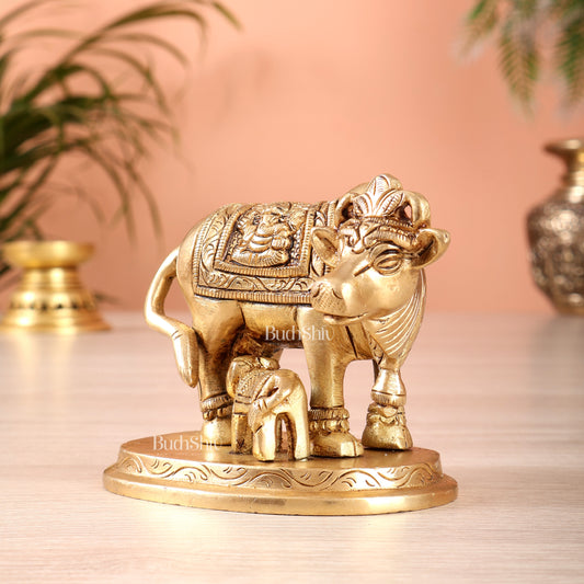 Brass kamdhenu Cow with Calf Idol 3" with ganesh lakshmi carvings