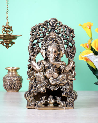 Brass Ganesha on Throne Statue | 13 Inch Unique Design (7.2 Kg)