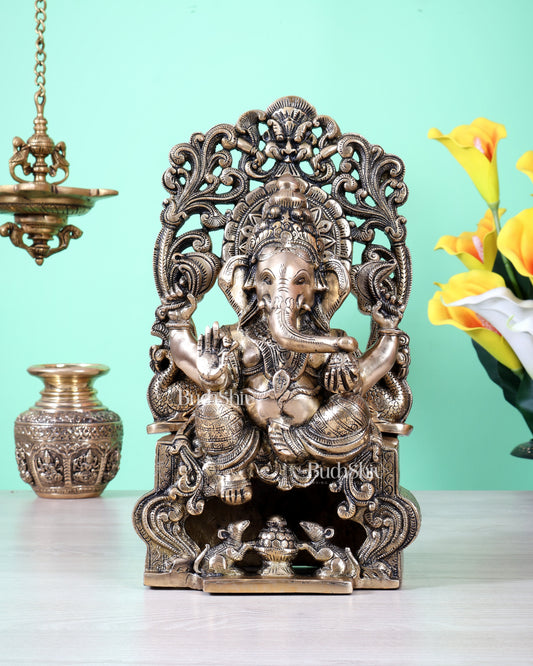 Brass Ganesha on Throne Statue | 13 Inch Unique Design (7.2 Kg)