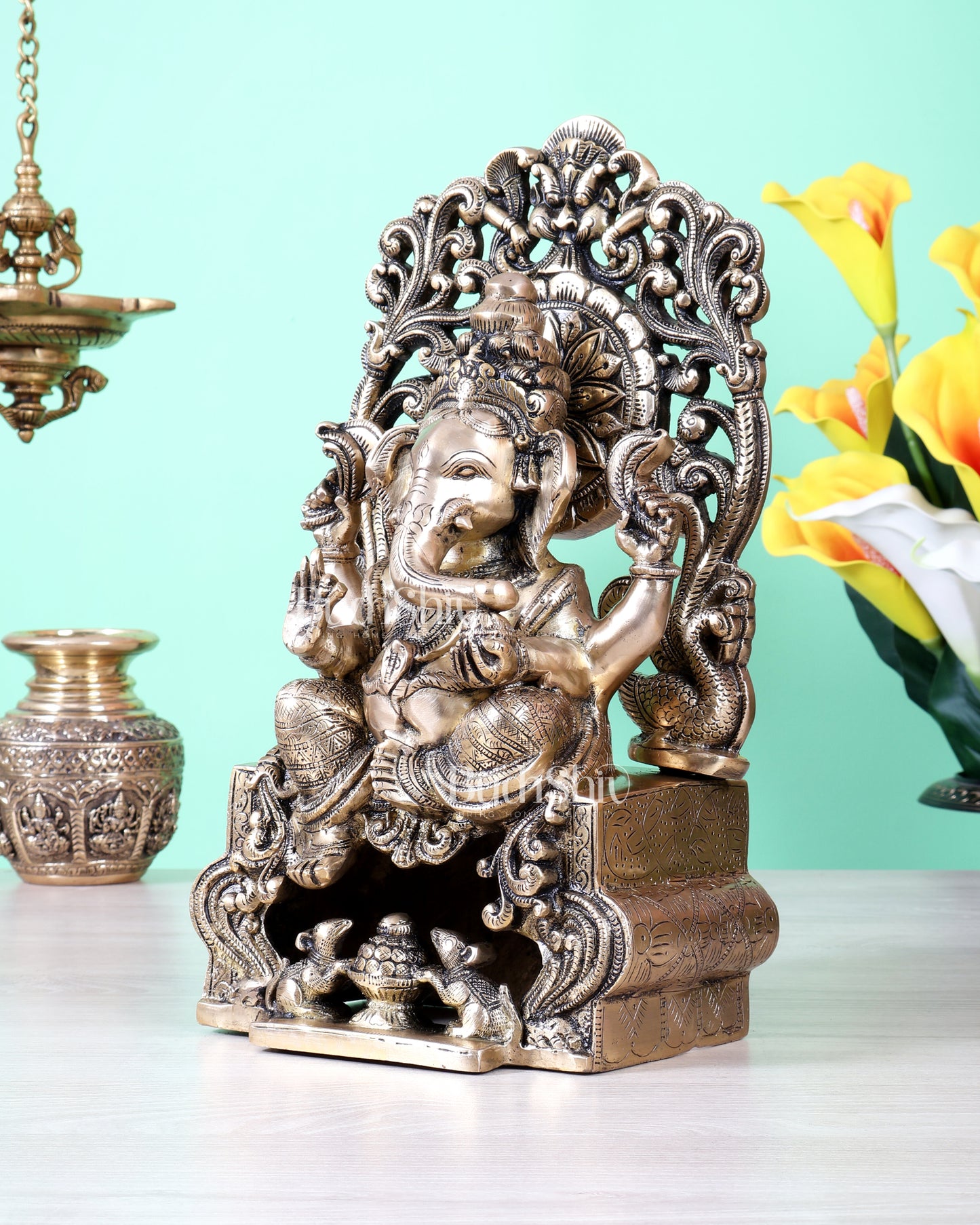 Brass Ganesha on Throne Statue | 13 Inch Unique Design (7.2 Kg)