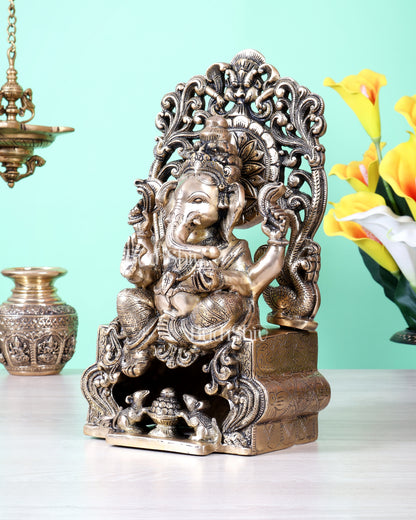 Brass Ganesha on Throne Statue | 13 Inch Unique Design (7.2 Kg)