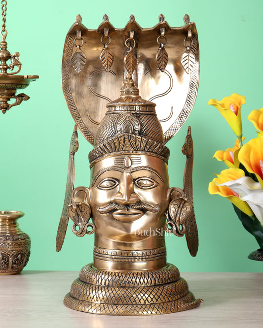 Large Brass Shiva Mukhlingam with Vasuki – 20.5 Inch Heavy Sacred Shivling Idol (13.9 KG)