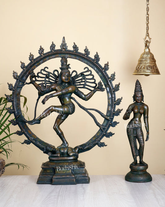 Pure Brass Nataraja 25" with Standing Shivagami Parvati 18" Set – Chola Bronze Antique Tone