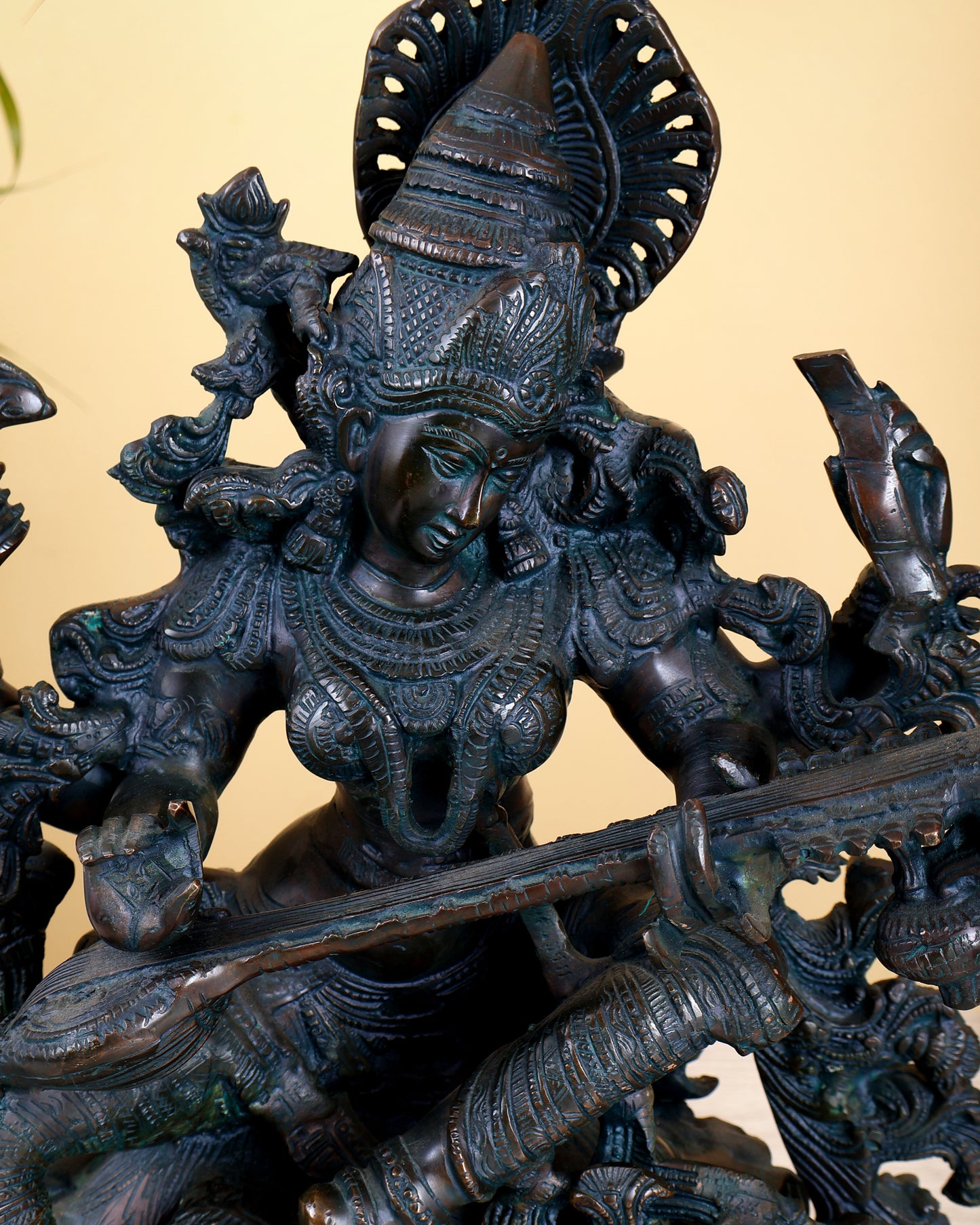 Brass goddess Saraswati Idol unique finish - 16" majestic console sculpture