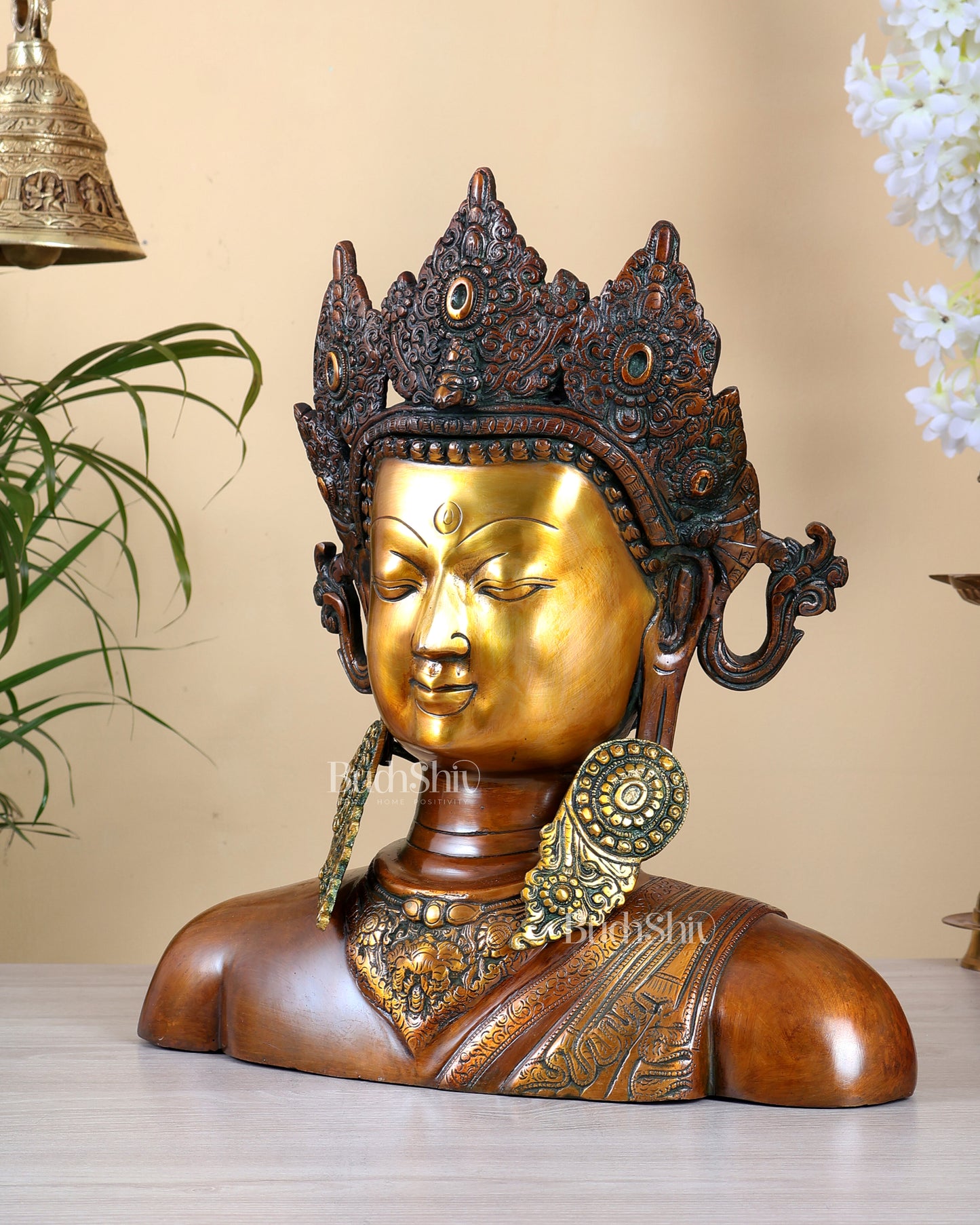 Brass Buddha Bust Sculpture – 15 Inch Crowned Buddha Face in Three Tone Finish