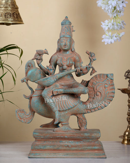 Brass Saraswati on swan Statue sand finish | 20"