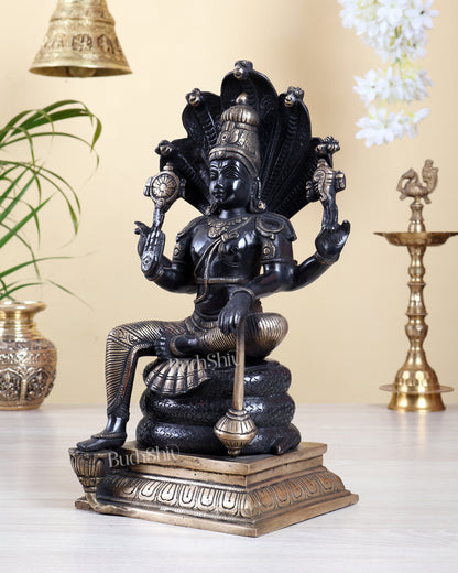 Brass Lord Vishnu sitting with Sheshnaaga - 14 Inch Black edition