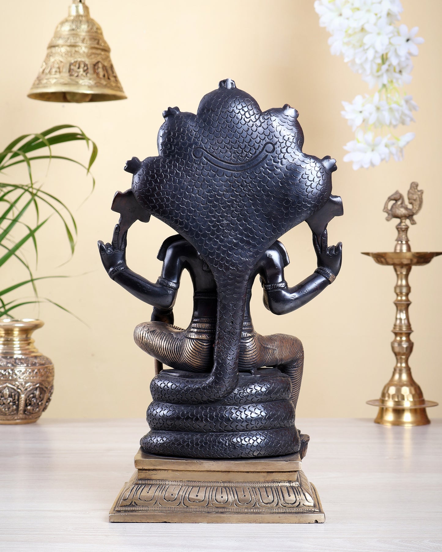 Brass Lord Vishnu sitting with Sheshnaaga - 14 Inch Black edition