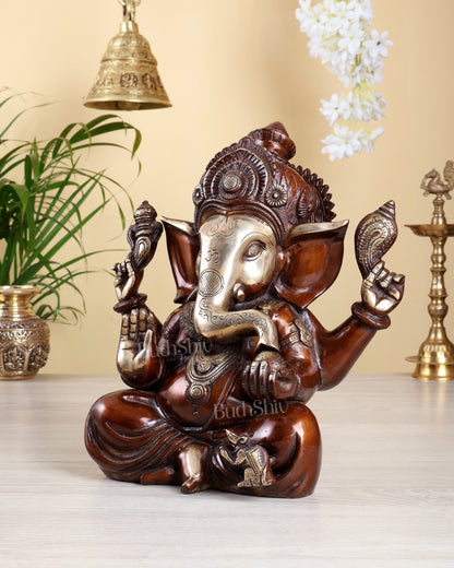 Brass Ganesha Statue – Sharp Features in a glossy dual Finish 13 inch